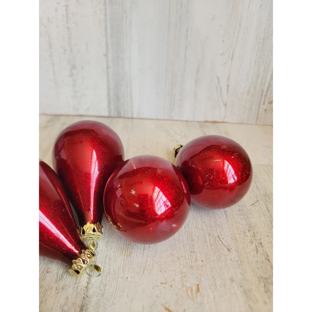Vintage dark red glitter teardrop glass ornament Xmas set unique home decor